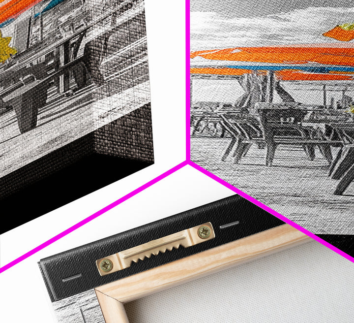 Beach Umbrellas, Seaside Dining, Summer Vibes, Framed Canvas Print, Tropical Kitchen Wall Art, Bright Coastal Decor, Boho Summer Style