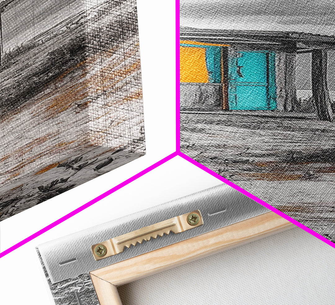 Beach Shack, Rustic Cabin, Vibrant Doors, Framed Canvas Print, Coastal Entryway Wall Art, Tropical Boho Decor, Seaside Rustic Style