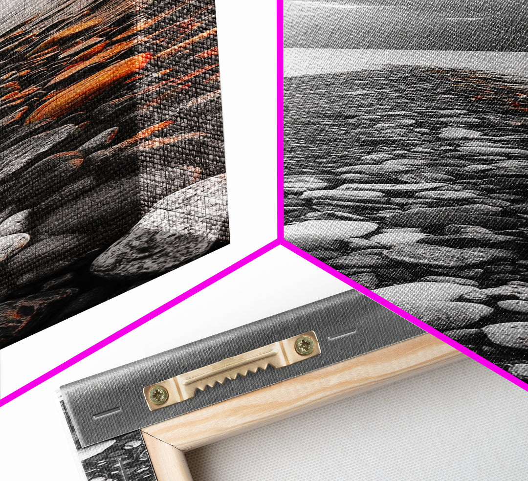 Rocky Shoreline, Sunset Glow, Ocean Path, Coastal Landscape, Canvas Print, Tranquil Nature Art, Bathroom Wall Decor Coastal Style