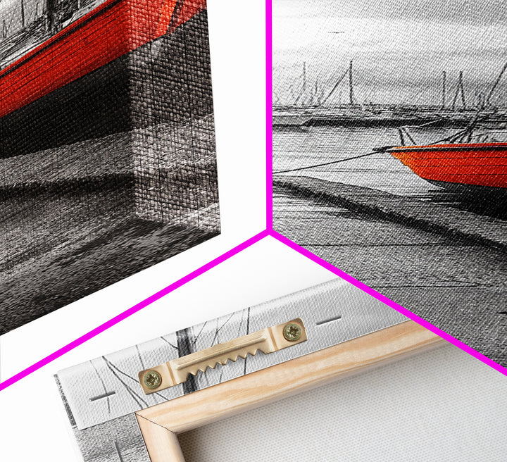 Vibrant Boat, Dockside Scene, Nautical Decor, Color Accent, Framed Canvas Print, Black and White Photography, Coastal Wall Art, Bathroom Art