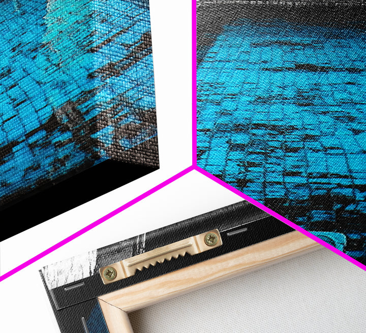 Abandoned Pool, Urban Texture, Gritty Vibes, Blue Contrast, Framed Canvas Print, Industrial Wall Art, Moody Bathroom or Loft Decor