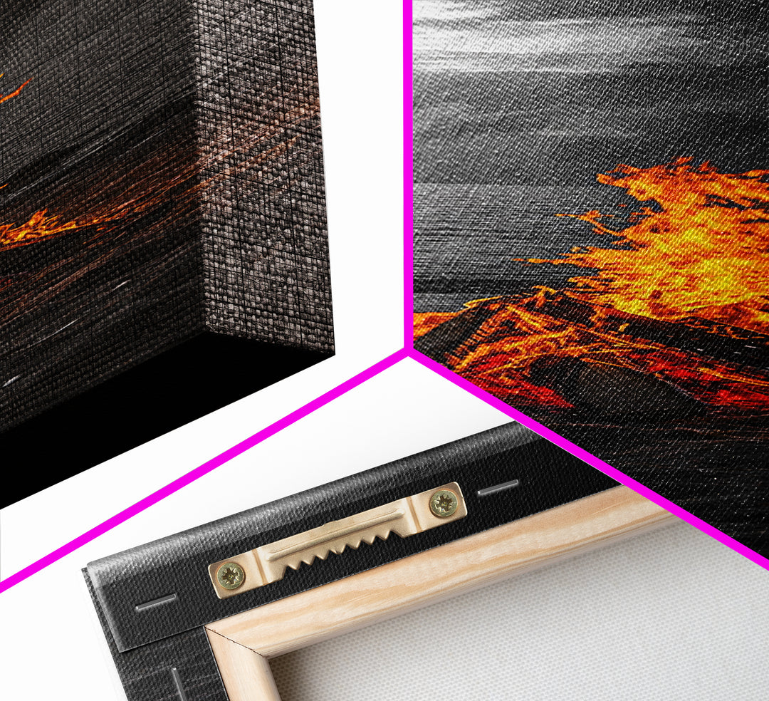 Beach Bonfire, Glowing Flame, Night Ocean, Framed Canvas Print, Autumn Coastal Wall Art, Rustic Cabin Decor, Moody Beach Photography