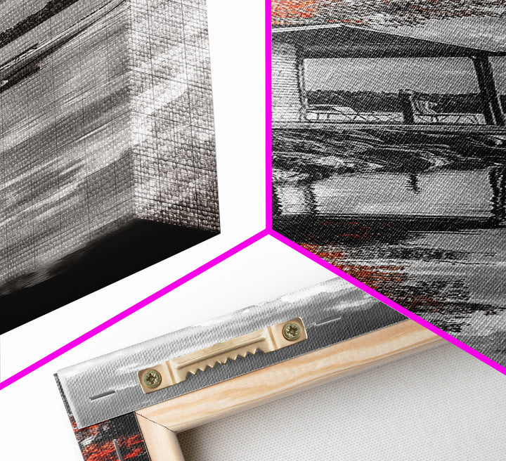 Autumn Cabin Lake, Red Tree Reflections, Tranquil Retreat, Rustic Getaway, Framed Canvas Print, Fall Decor, Nature Wall Art, Lodge Style