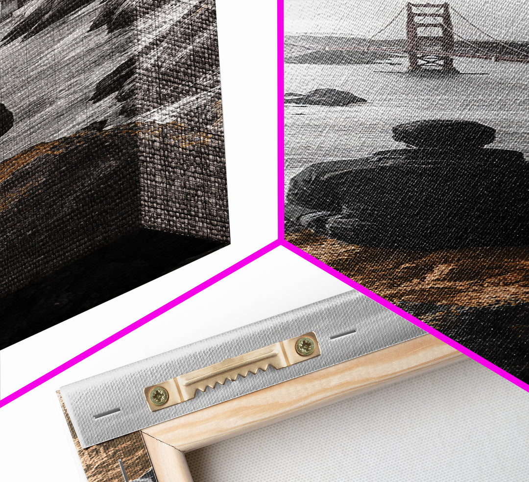 Golden Gate, Solitude View, Man on Cliff, Iconic Bridge, Framed Canvas Print, Travel Wall Art, Office Inspiration, Moody Coastal Decor