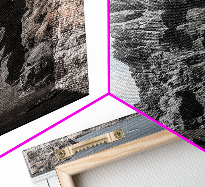 Cliff Wall, Ocean View, Lone Hiker, Rugged Coast, Framed Canvas Print, Adventure Art, Minimalist Decor, Office Wall Art, Modern Nature