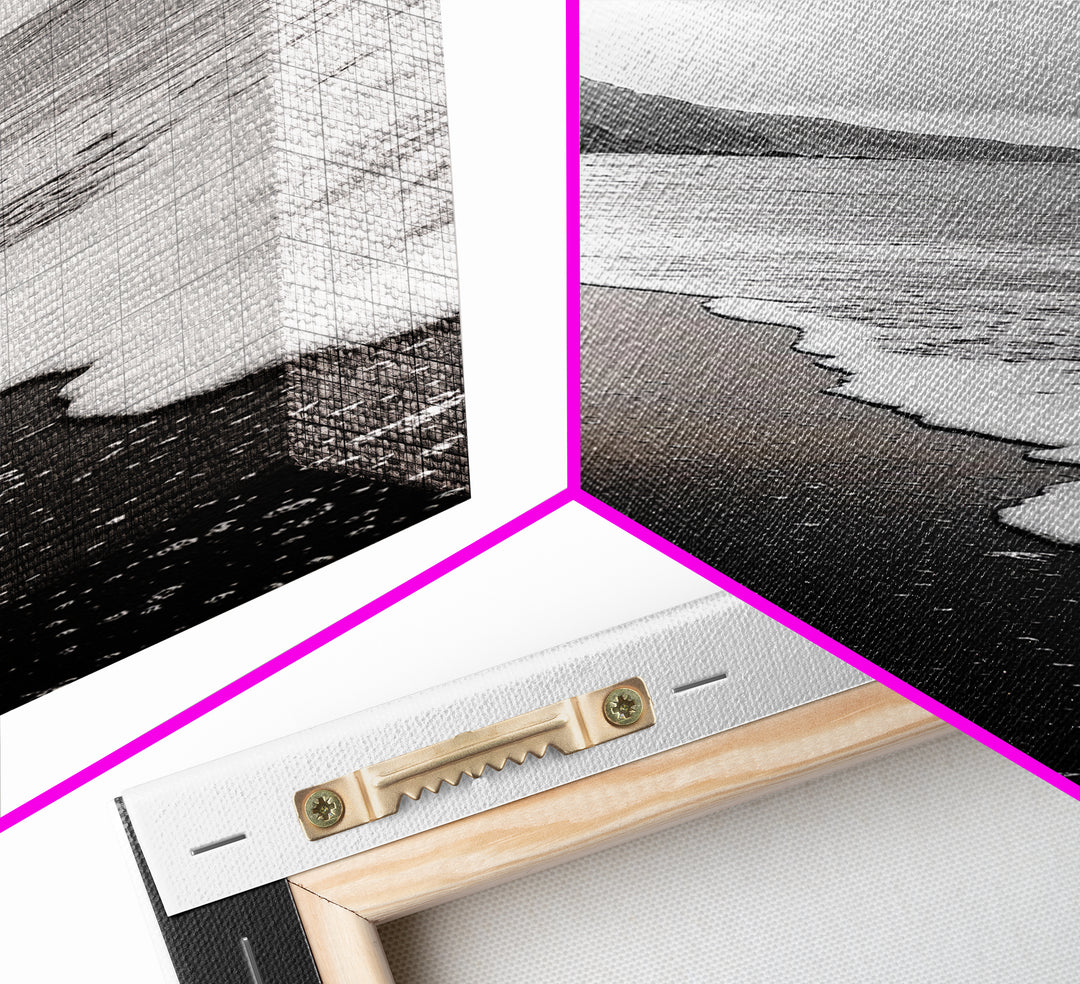 Black Sand, Ocean Foam, Rocky Shoreline, Coastal Serenity, Framed Canvas Print, Monochrome Wall Art, Bathroom Decor, Beach Minimalist