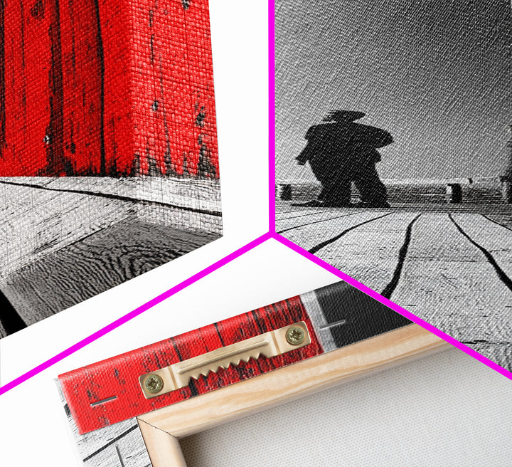 Man Silhouette, Red Wall, Boardwalk Contrast, Minimal Scene, Framed Canvas Print, Urban Wall Art, Modern Decor, Office Accent Piece