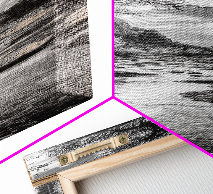 Desert Creek, Rocky Stream, Black and White Nature, Framed Canvas Print, Minimalist Southwest Art, Bedroom Decor, Monochrome Landscape