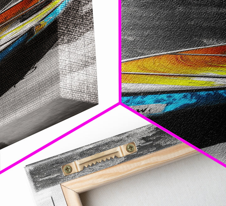 Blue and Yellow Canoe, Calm River Reflections, Rustic Boat Scene, Framed Canvas Print, Autumn Wall Art, Nature Inspired Decor