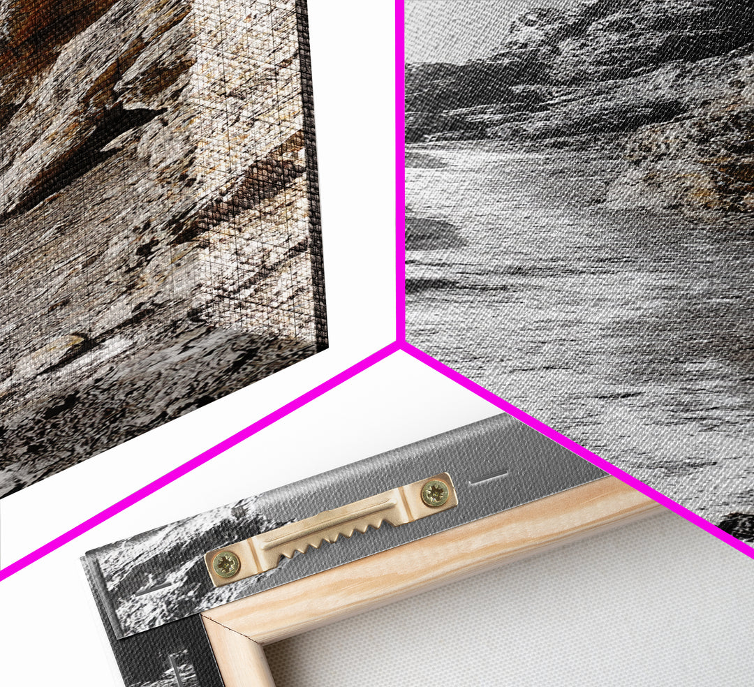 Cliff Pathway Art, Nature Trail Scene, Monochrome Rustic Landscape, Framed Canvas Print, Mountain Cabin Entryway Wall Decor