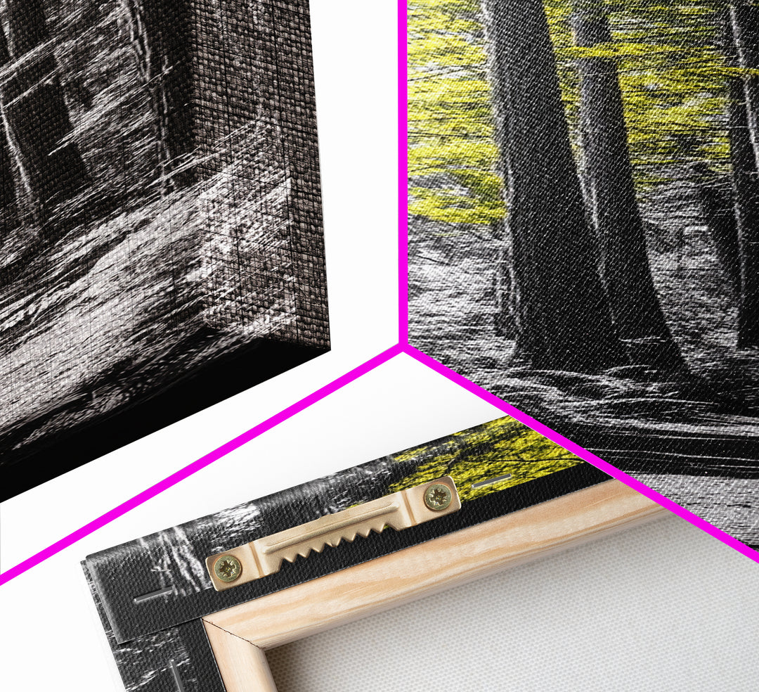 Forest Path Print, Yellow Tree Glow Art, Nature Lover’s Retreat, Framed Canvas Print, Fall Woodland Living Room Wall Decor, Moody Landscape