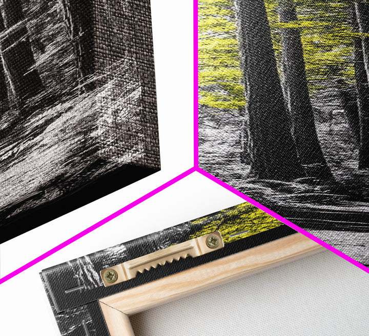 Forest Path Print, Yellow Tree Glow Art, Nature Lover’s Retreat, Framed Canvas Print, Fall Woodland Living Room Wall Decor, Moody Landscape