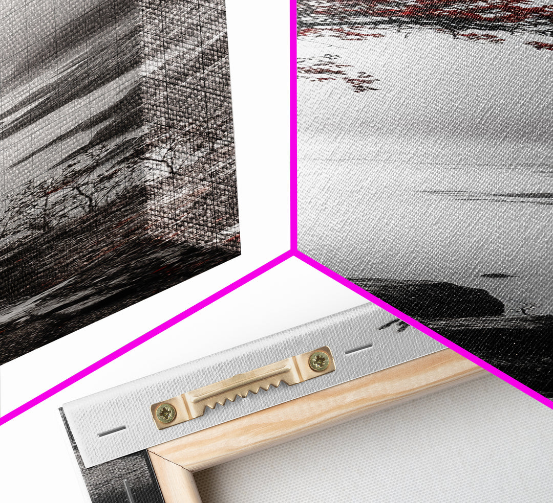 Curved Tree, Foggy Coastline, Red Leaves, Moody Nature Canvas Print, Autumn Landscape, Bedroom Wall Art, Minimalist Earthy Decor