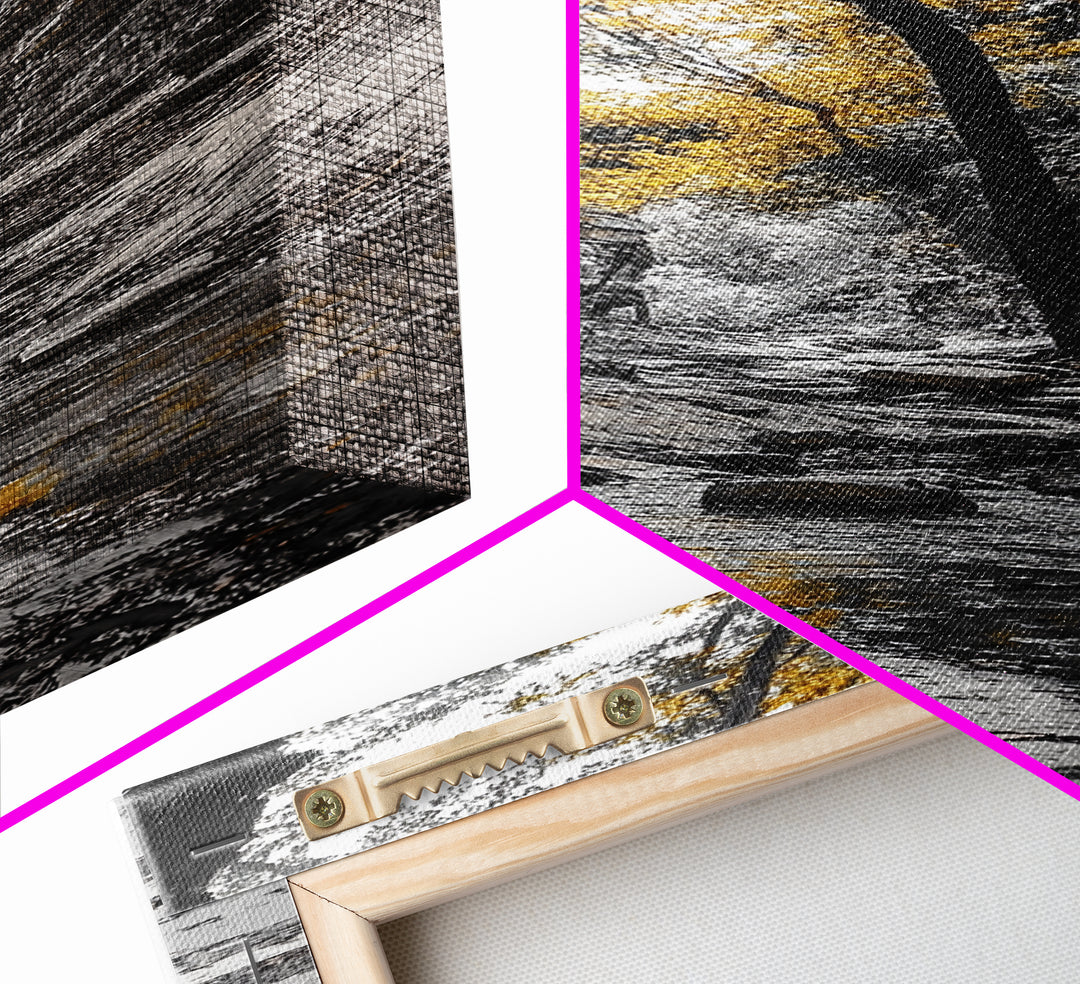 Autumn Gorge, Fall Stream, Yellow Trees, Nature Canyon Trail, Framed Canvas Print, Rustic Hallway Decor, Cozy Autumn Living Room Art