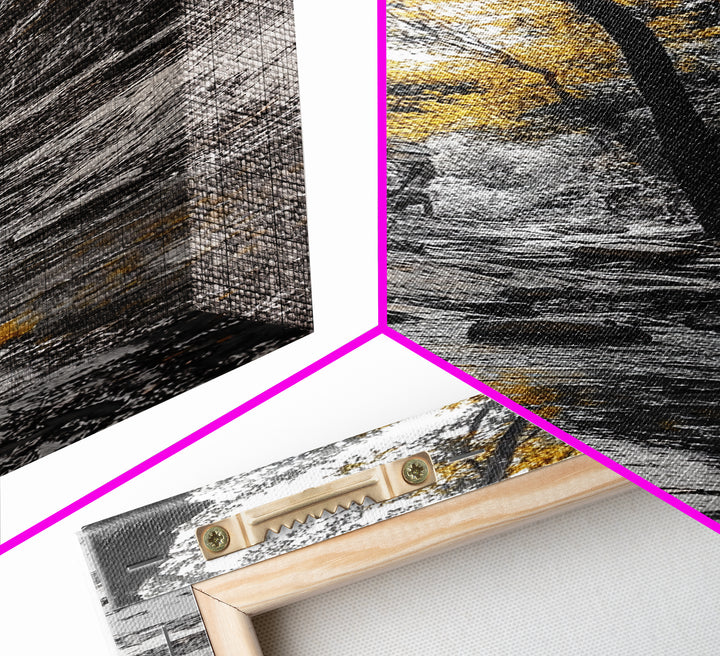 Autumn Gorge, Fall Stream, Yellow Trees, Nature Canyon Trail, Framed Canvas Print, Rustic Hallway Decor, Cozy Autumn Living Room Art