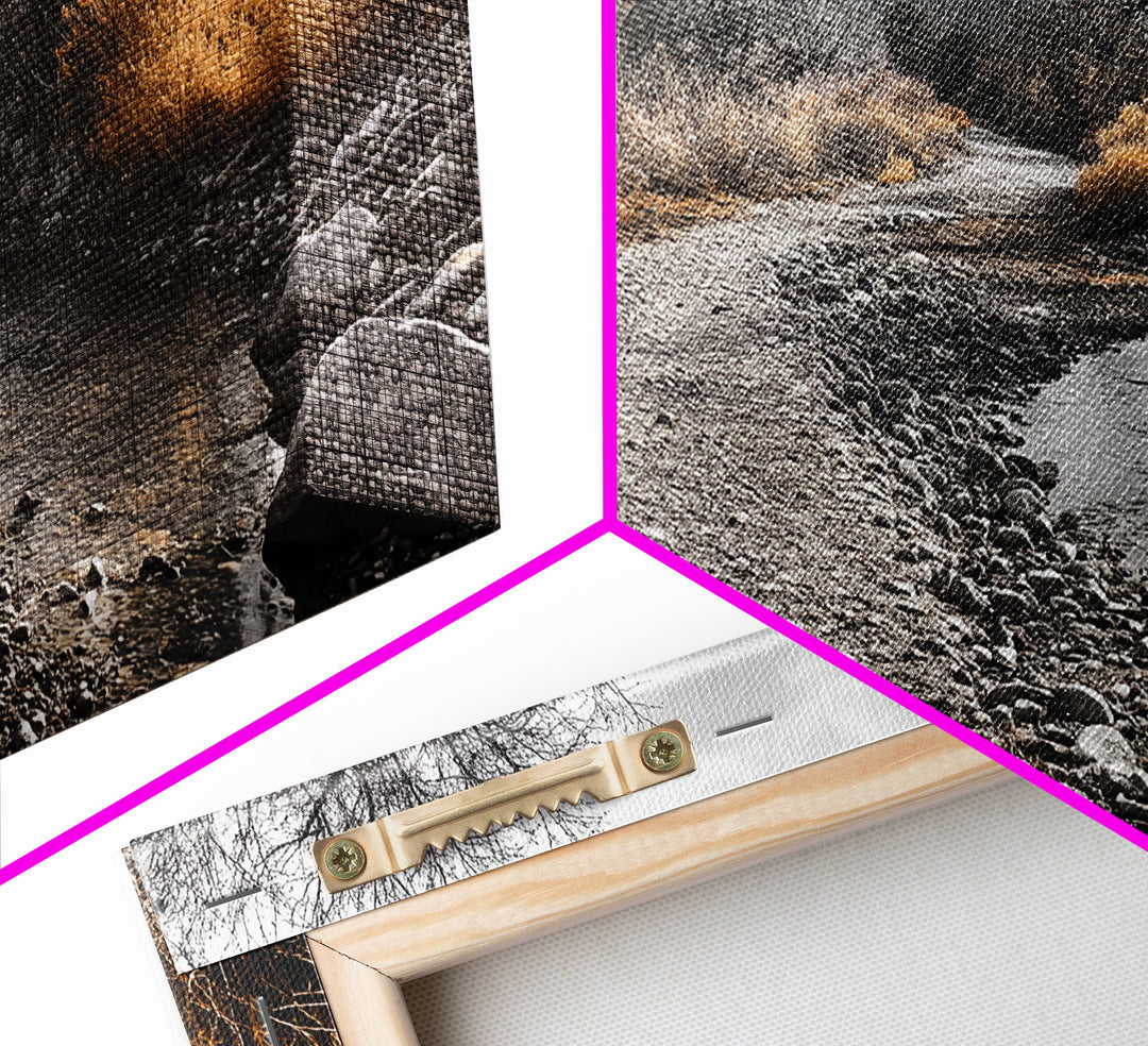 Autumn Path, Golden Bushes, Seasonal Stream, Fall Foliage, Framed Canvas Print, Cozy Entryway Decor, Rustic Wall Art, Nature Inspired