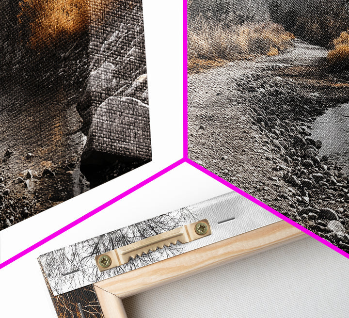 Autumn Path, Golden Bushes, Seasonal Stream, Fall Foliage, Framed Canvas Print, Cozy Entryway Decor, Rustic Wall Art, Nature Inspired