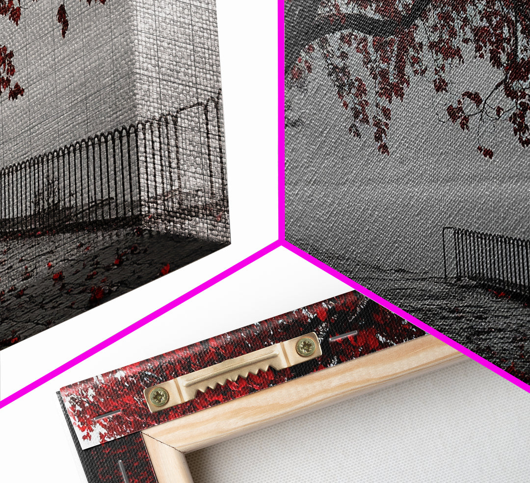 Autumn Bench, Leaves, Foggy park serenity meets bold red leaves in this Framed Canvas Print, ideal Autumn Bedroom Wall Art, Entryway Decor