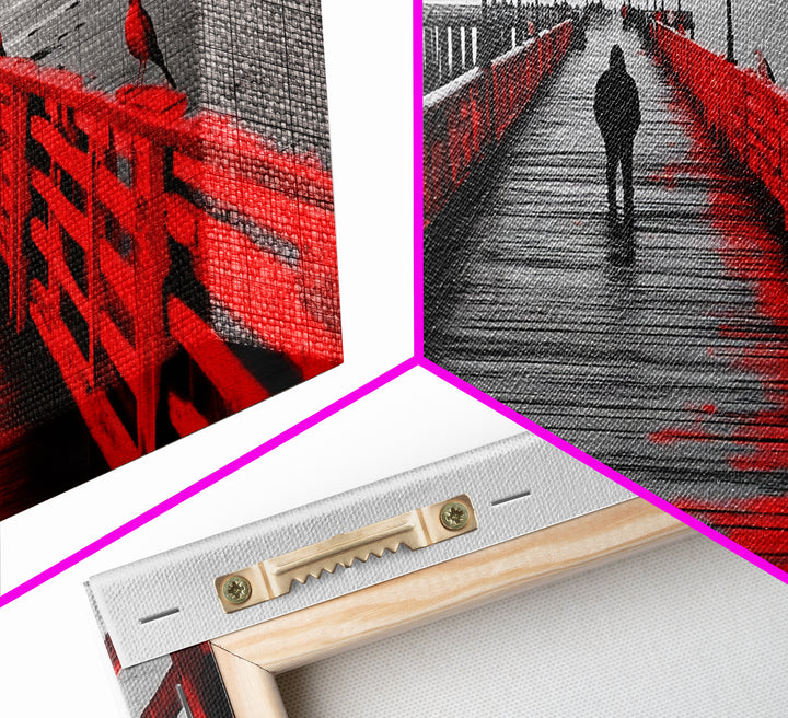 Pier, Red Railings, Fog, Lonely walk down a vivid red pier into the mist in this Framed Canvas Print, Coastal Decor, Minimalist Wall Art