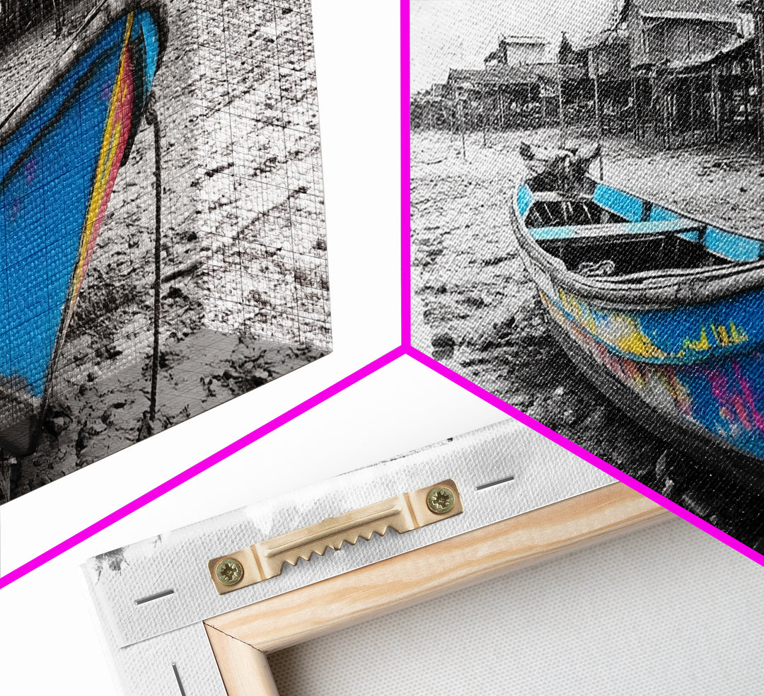 Blue Boat, Shore Village, Coastal Charm, Framed Canvas Print, Rustic Fishing Art, Seaside Home Decor, Nautical Style, Ocean Wall Art