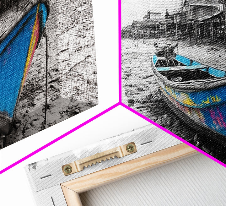 Blue Boat, Shore Village, Coastal Charm, Framed Canvas Print, Rustic Fishing Art, Seaside Home Decor, Nautical Style, Ocean Wall Art