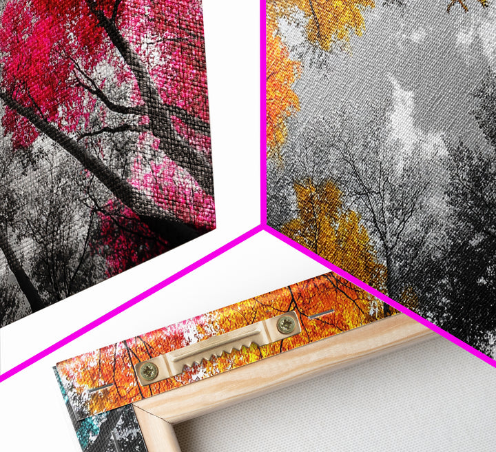 Autumn Trees, Colorful Forest, Fall Foliage, Looking Up, Framed Canvas Print, Vibrant Nature, Living Room Wall Art, Boho Style