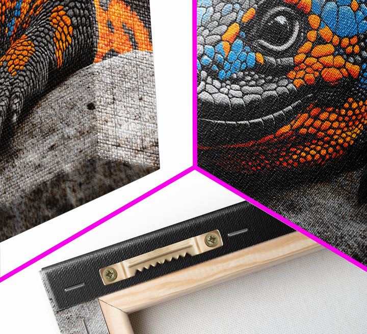 Colorful Lizard, Wildlife Closeup, Exotic Creature, Nature Bold, Framed Canvas Print, Reptile Lover Gift, Office Wall Art, Vibrant Wildlife Art