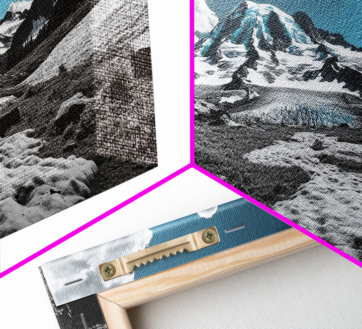 Blue Sky, Glacial Mountain, Winter Landscape, Nature Scene, Framed Canvas Print, Cabin Wall Art, Snowy Hiking Trail, Minimalist Nature Art