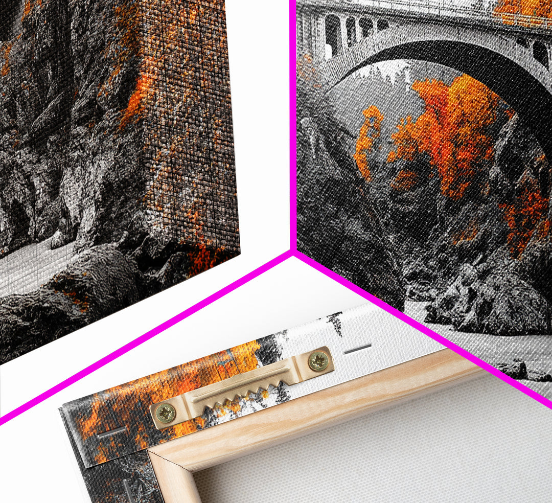 Autumn Bridge, River Gorge, Rustic Nature, Fall Trees, Framed Canvas Print, Cabin Wall Art, Seasonal Decor, Scenic Travel Landscape