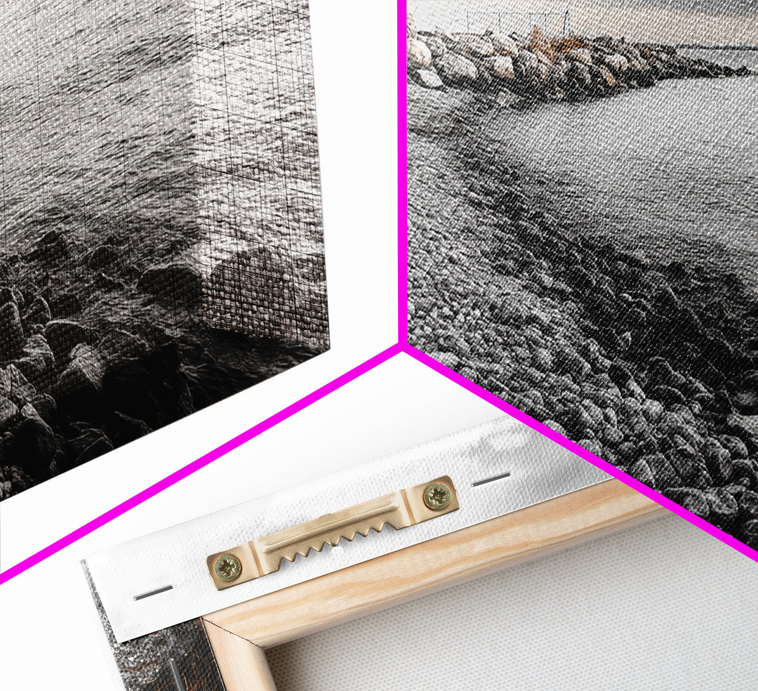 Coastal Path, Stormy Shore, Serene View, Monochrome Mood, Framed Canvas Print, Beach Wall Art, Peaceful Nature, Seaside Photography Decor