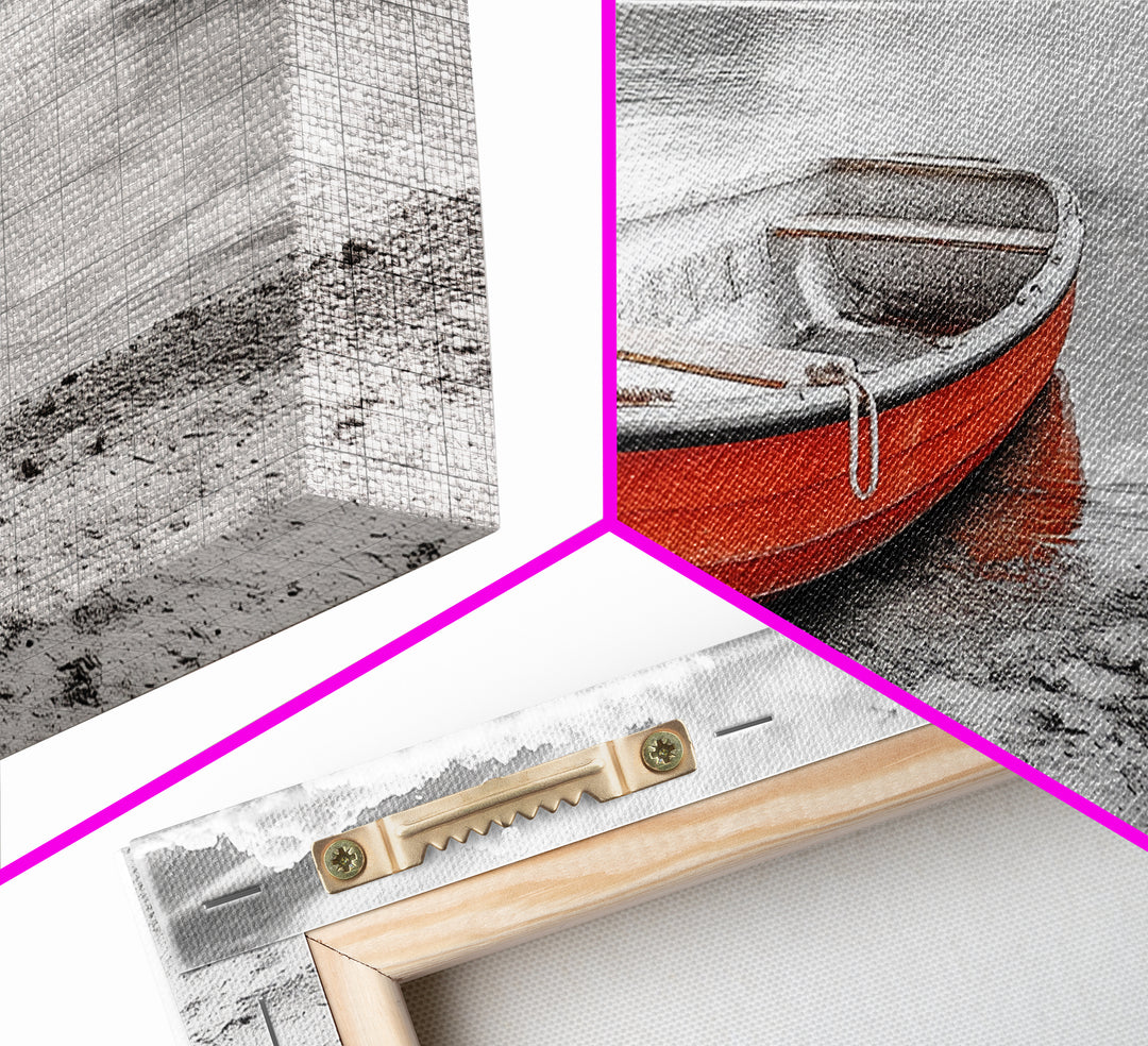 Beached Boat, Calm Waters, Cloudy Horizon, Serene Coastline, Framed Canvas Print, Coastal Wall Art, Minimalist Home Decor, Beach House