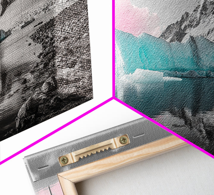 Blue Icebergs, Pink Sky, Glacial Lake, Arctic Dreamscape – Canvas Print, Nature Photography Art, Bedroom Wall Art, Serene Winter Decor