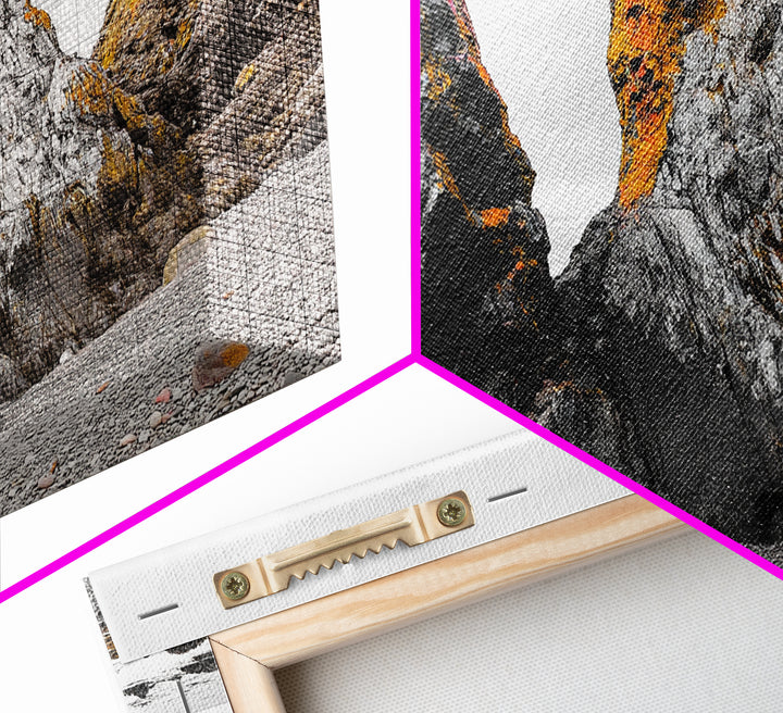 Rocky Cliffs, Orange Moss, Ocean Landscape, Coastal Vibe – Framed Canvas Print, Nature Wall Art, Fall Inspired Decor, Bathroom or Hallway