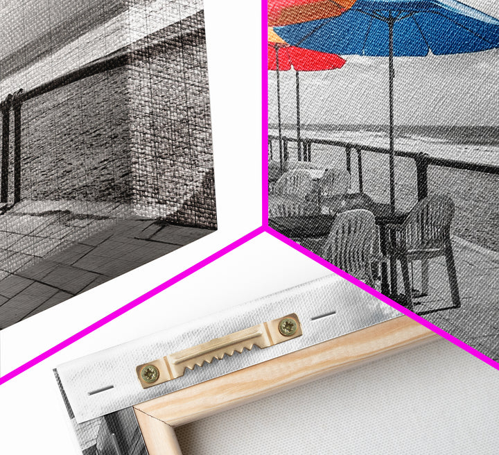Ocean Café, Coastal Dining, Bright Umbrellas, Seaside View, Framed Canvas Print, Kitchen Wall Art, Beachfront Vibe, Color Pop Style
