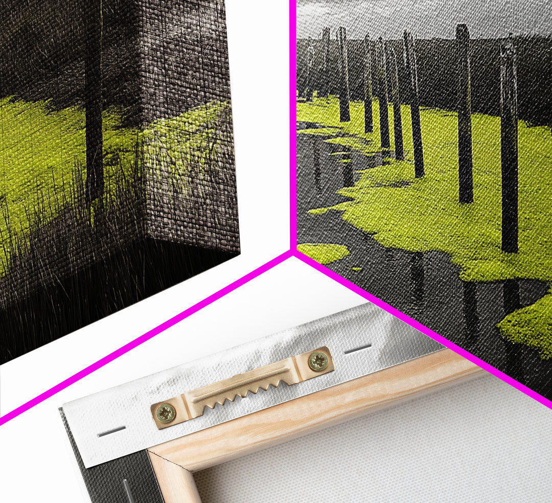 Coastal Marsh, Minimalist Nature, Black and White Art, Modern Decor, Framed Canvas Print, Bathroom Wall Art, Yellow Accents, Serene Mood