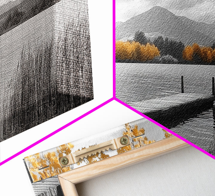 Autumn Lake, Golden Trees, Mountain Calm, Rustic Dock, Framed Canvas Print, Fall Living Room Art, Nature Landscape, Tranquil Cabin Decor