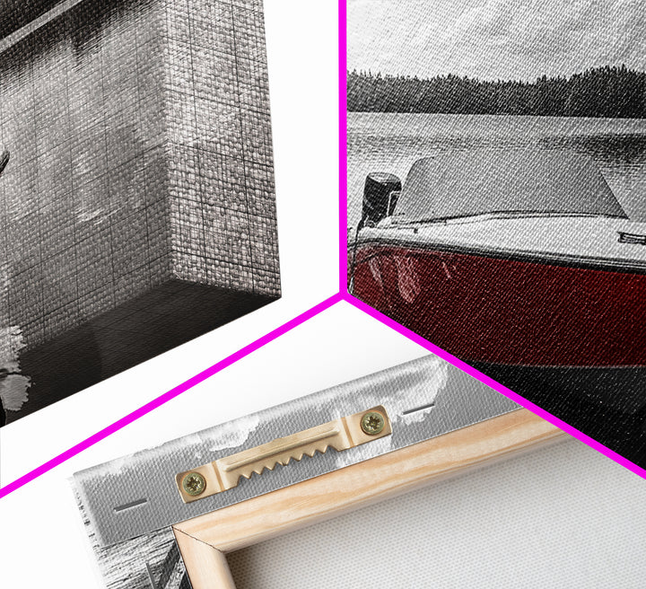 Rustic Boathouse, Red Canoe, Lake Reflection, Tranquil Nature, Framed Canvas Print, Cabin Wall Art, Autumn Lake House Decor