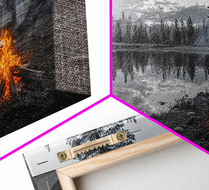 Campfire Sunset, Lake Reflections, Wilderness Escape, Nature Serenity, Framed Canvas Print, Rustic Decor, Autumn Wall Art, Living Room