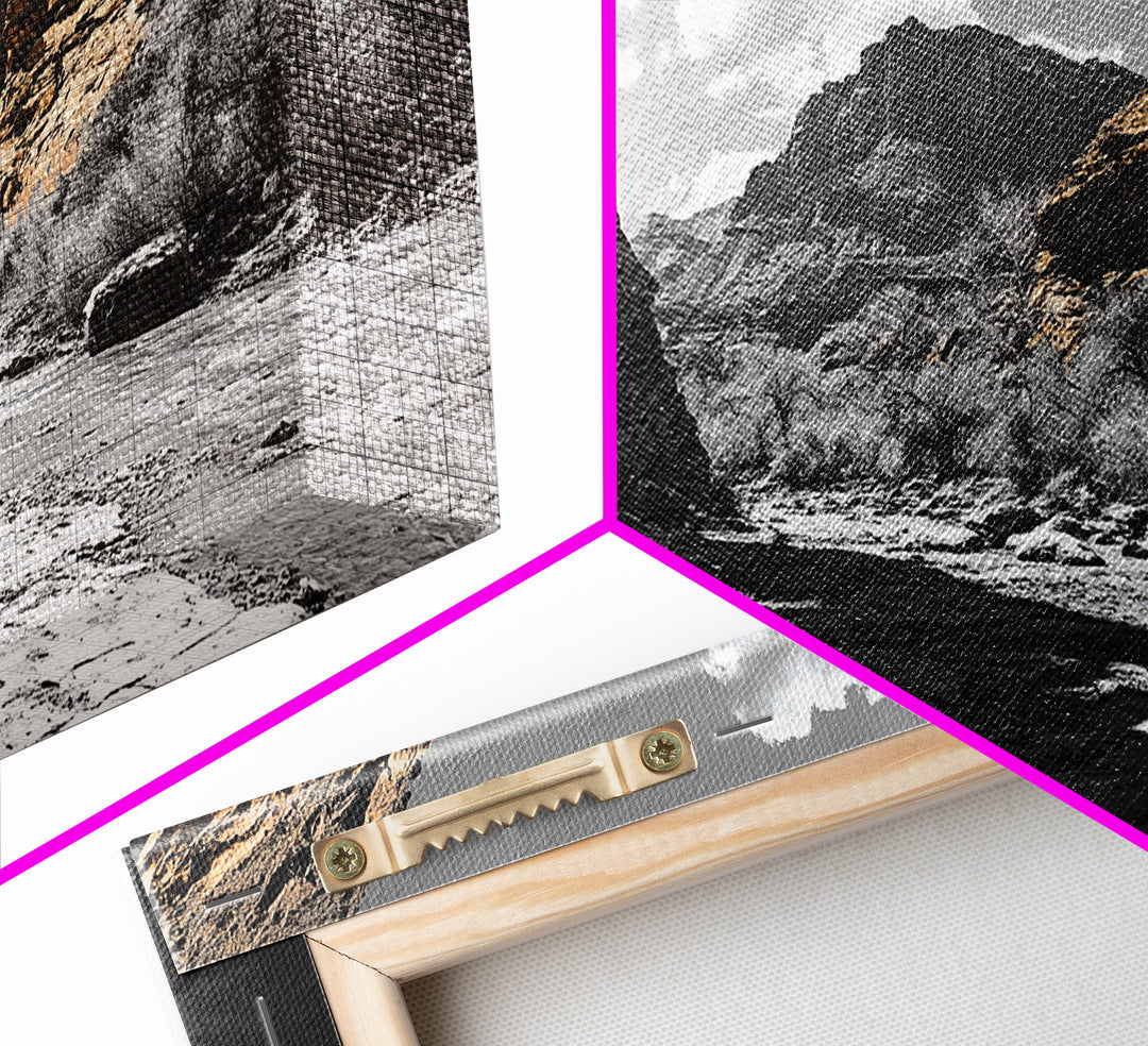 Desert Canyon, River Shadows, Rock Formations, Wild Terrain, Framed Canvas Print, Nature Wall Art, Earth Tone Decor, Living Room Style