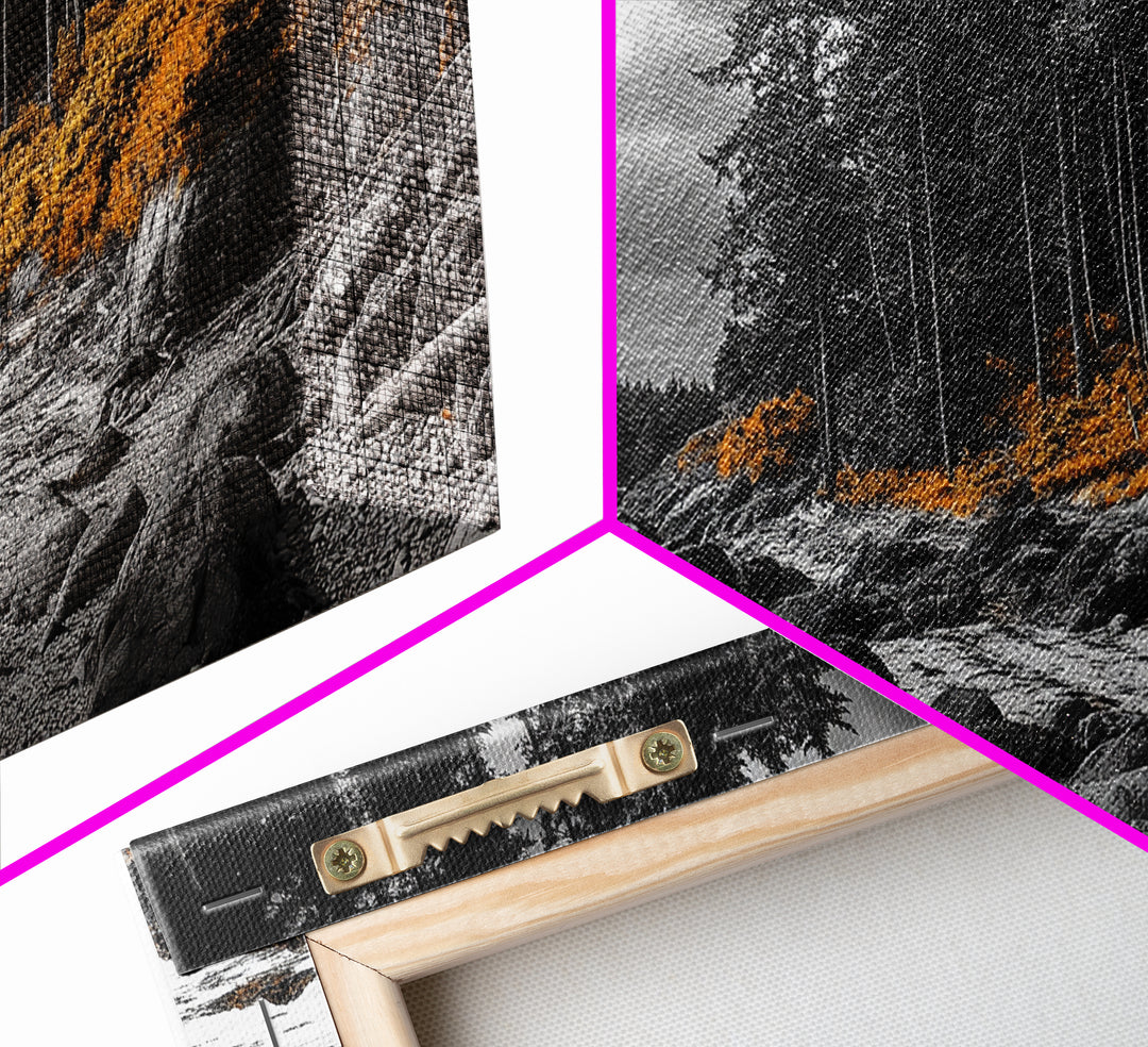 Autumn Coastline, Orange Forest Edge, Framed Canvas Print, Coastal Nature Art, Fall Wall Decor, Rustic Living Room Style, Moody Sky