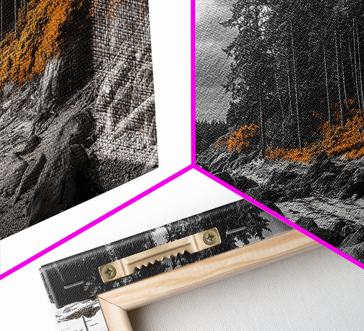 Autumn Coastline, Orange Forest Edge, Framed Canvas Print, Coastal Nature Art, Fall Wall Decor, Rustic Living Room Style, Moody Sky