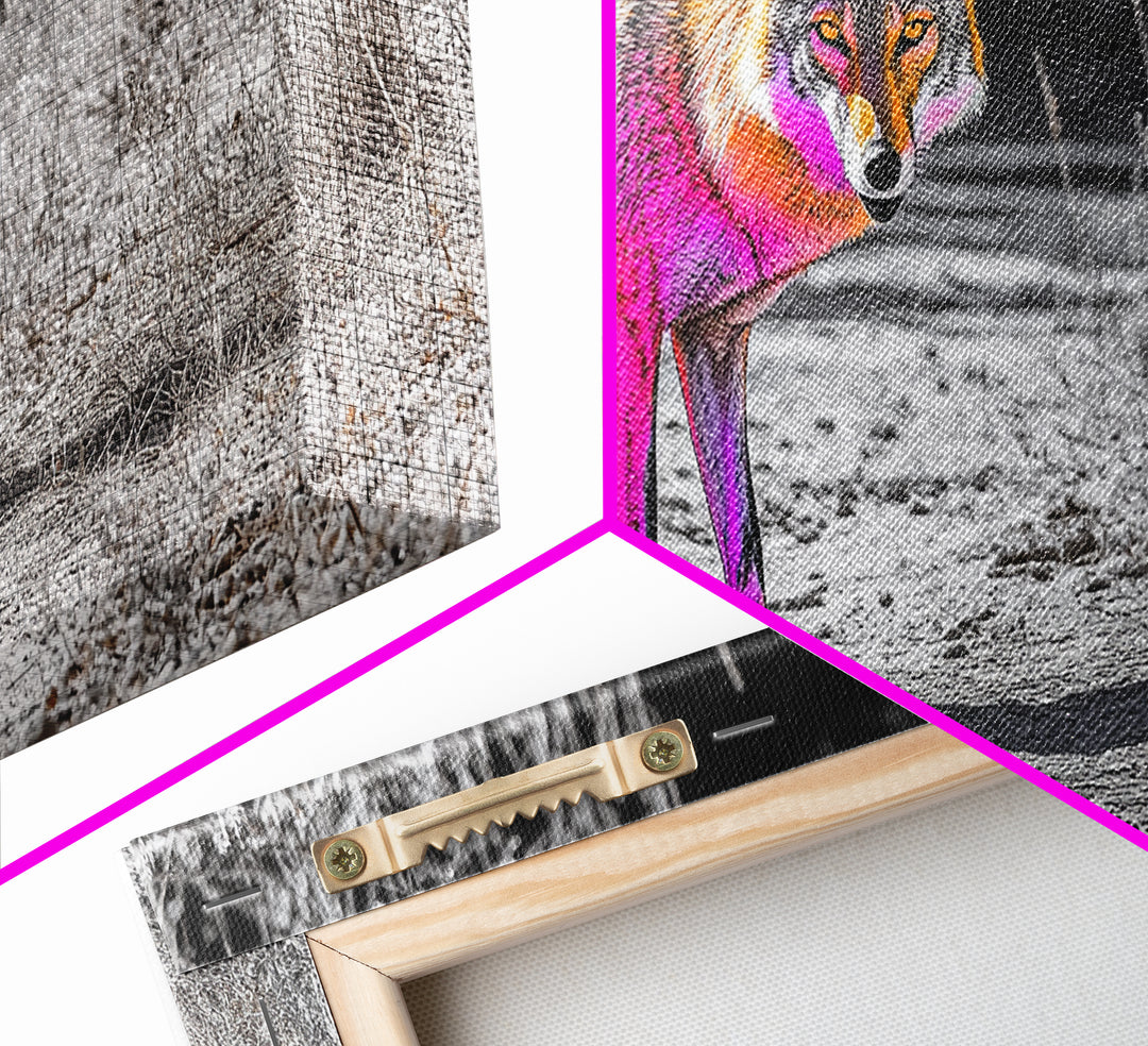 Neon Fox Portrait, Vibrant Wildlife Path Scene, Bright Nature Animal, Framed Canvas Print, Bedroom Wall Art, Psychedelic Animal Style