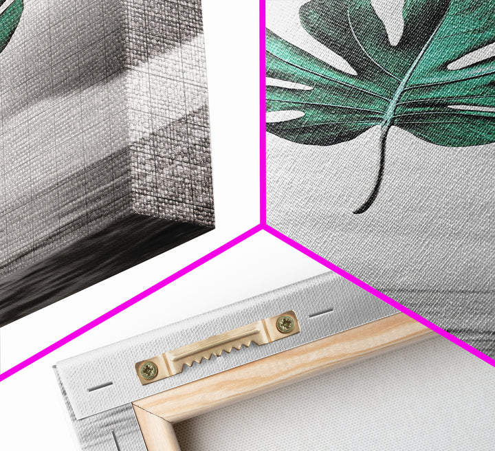 Monstera Leaf, Ocean Breeze, Tropical Minimalism, Floating Leaf, Framed Canvas Print, Modern Bathroom Art, Boho Decor, Tropical Wall Art