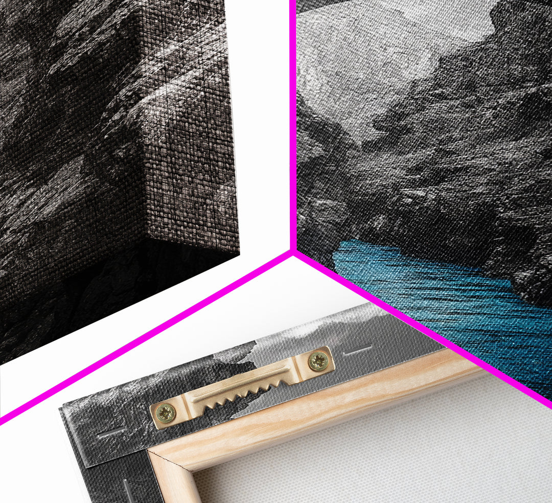 Canyon Bridge, Blue River, Yellow Figure, Framed Canvas Print, Bold Color Photography, Dramatic Landscape, Office Statement Art