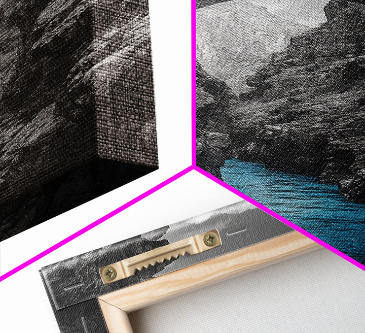 Canyon Bridge, Blue River, Yellow Figure, Framed Canvas Print, Bold Color Photography, Dramatic Landscape, Office Statement Art