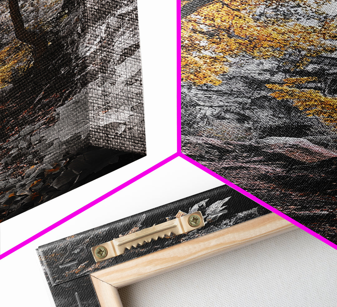 Autumn Trail, Yellow Foliage, Forest Pathway, Framed Canvas Print, Fall Wall Art, Warm Earth Tones, Rustic Entryway Decor, Woodland Scene