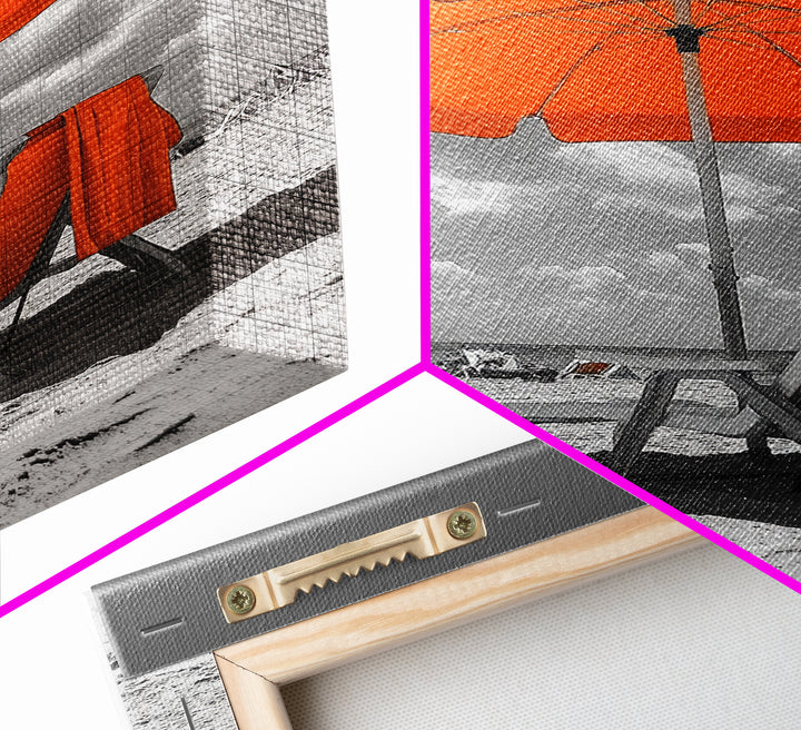 Orange Umbrella Shade, Beach Chill Scene, Relax Spot, Framed Canvas Print, Summer Wall Art, Vacation Vibe Decor, Minimalist Beach Art