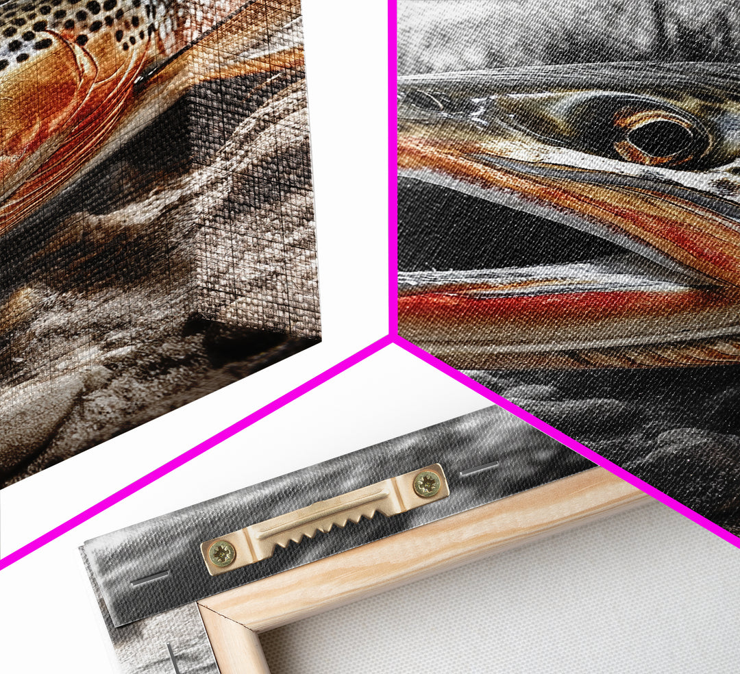 Brown Trout Closeup, Riverbed Focus, Dramatic Fish Art, Framed Canvas Print, Fisherman Gift, Cabin Wall Art, Rustic Outdoor Decor