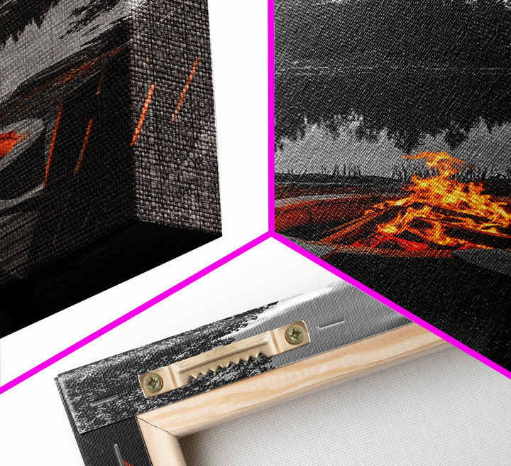 Campfire Chairs Lake, Autumn Firepit Scene, Rustic Retreat, Cabin Escape, Framed Canvas Print, cozy wall art, man cave cabin decor