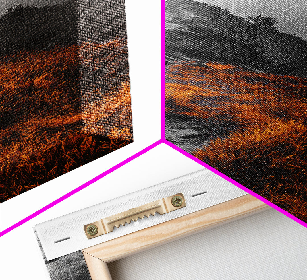 Misty Mountain Hike, Orange Trail Grass, Adventure Explorer Print, Moody Wilderness Scene, Framed Canvas Print, Rustic Cabin Wall Art